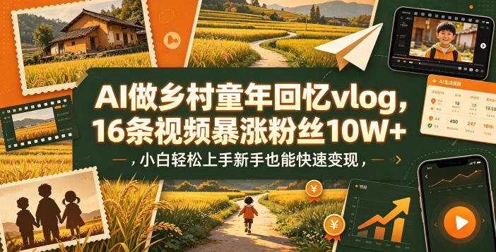 AI做乡村童年回忆vlog，16条视频暴涨粉丝10W+，小白轻松上手新手也能快速变现-鼎铸网