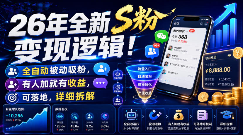 26年全新S粉变现逻辑!全自动被动吸粉,有人加就有收益,可落地,详细拆解-鼎铸网