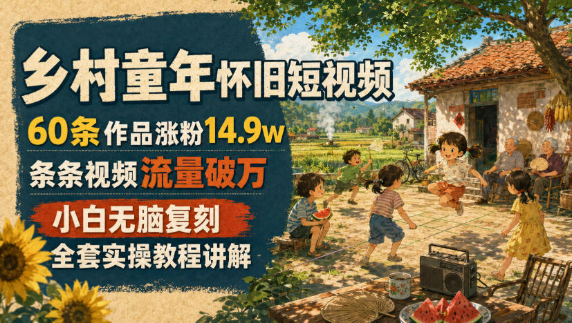 乡村童年怀旧短视频,60条作品涨粉14.9w,条条视频流量破万,小白无脑复刻,全套实操教程讲解-鼎铸网