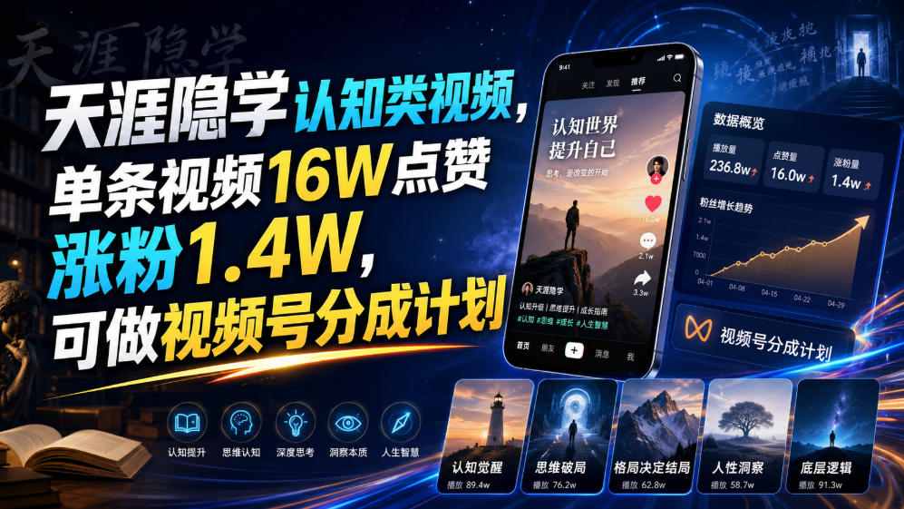 天涯隐学认知类视频，单条视频16W点赞涨粉1.4W，可做视频号分成计划-鼎铸网