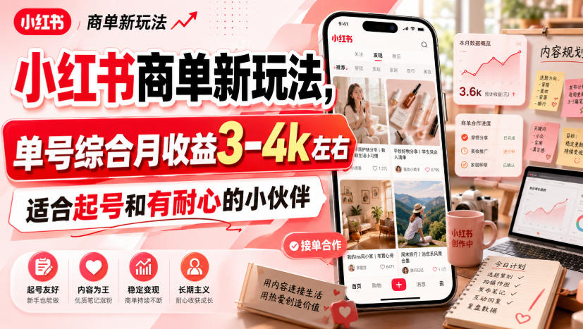 小红书商单新玩法,单号综合月收益3-4k左右,适合起号和有耐心的小伙伴-鼎铸网