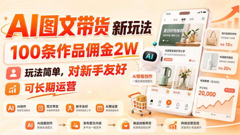 AI图文带货新玩法，100条作品佣金2W，玩法简单，对新手友好，可长期运营-鼎铸网