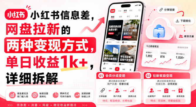 小红书信息差，网盘拉新的两种变现方式，单日收益1k+，详细拆解-鼎铸网