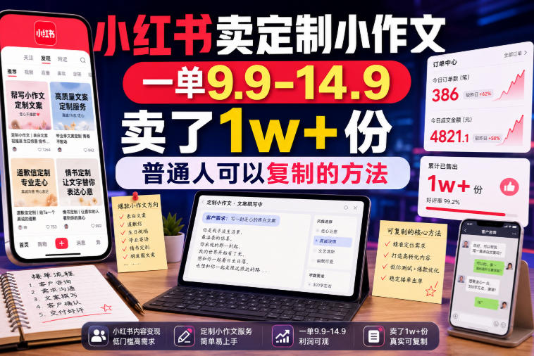 小红书卖定制小作文，一单9.9-14.9，卖了1w+份，普通人可以复制的方法-鼎铸网