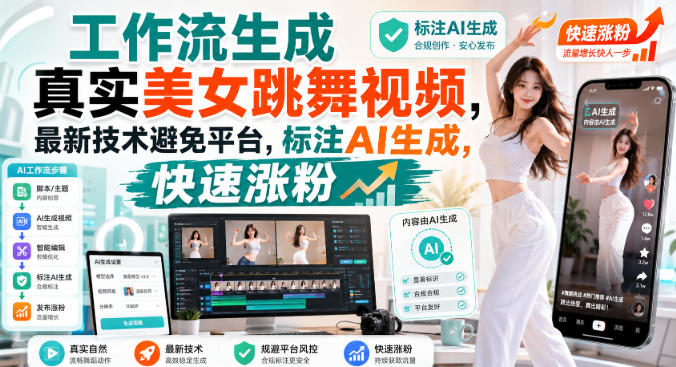 工作流生成真实美女跳舞视频，最新技术避免平台，标注AI生成，快速涨粉-鼎铸网