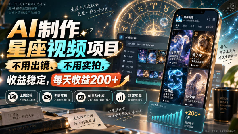 AI制作星座视频项目，不用出镜、不用实拍，收益稳定，每天收益200+-鼎铸网