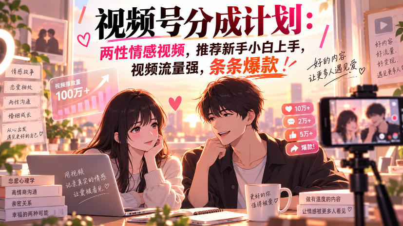 视频号分成计划：两性情感视频，推荐新手小白上手，视频流量强，条条爆款-鼎铸网
