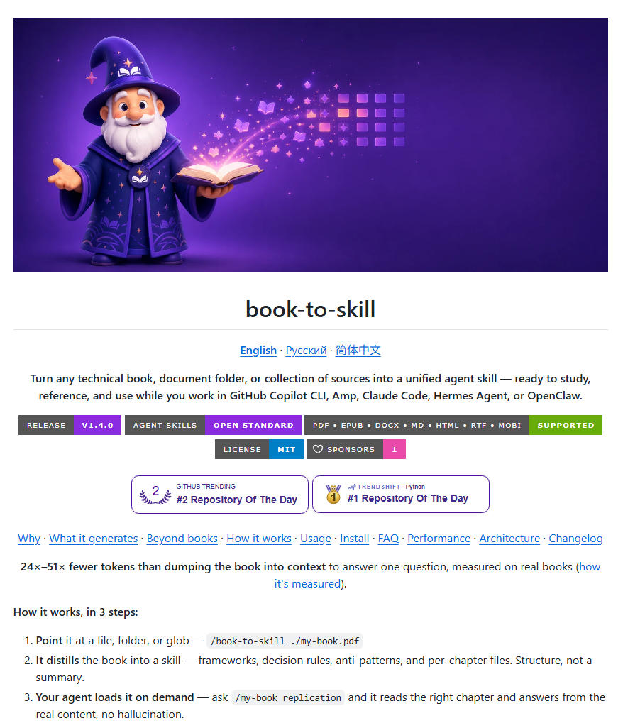 github-3wstarefbc81e5bc80e6ba90e9a1b9e79baee883bde68a8ae4b880e69cace4b9a6e79bb4e68ea5e58f98e68890ai-skillefbc8ce8bdbbe69dbee68993e980a0_6ab08f09056bd.jpeg GitHub 3W+Star!开源项目能把一本书直接变成AI Skill,轻松打造个人知识技能库,book-to-skill