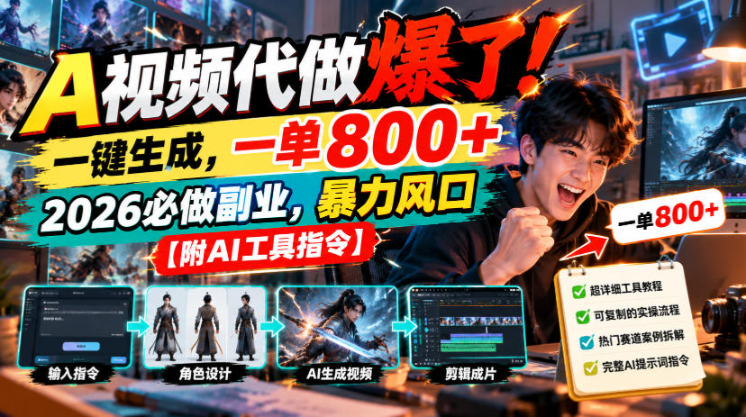 A视频代做爆了！一键生成，一单800+，2026必做副业，暴力风口【附AI工具指令】-鼎铸网
