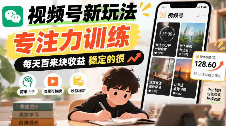 视频号新玩法专注力训练，每天百来块收益稳定的很-鼎铸网
