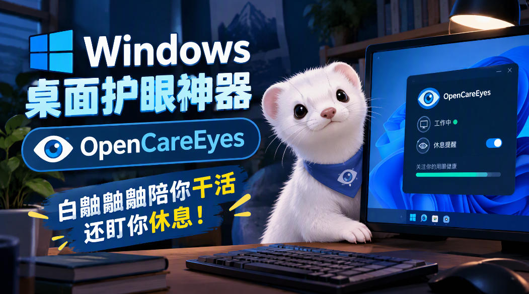 Windows桌面护眼神器OpenCareEyes，白鼬鼬鼬陪你干活还盯你休息！-鼎铸网