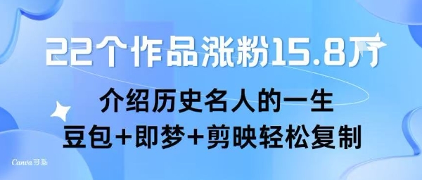 22个作品涨粉15.8W ,介绍历史名人的一生 , 豆包+即梦+剪映轻松复制-鼎铸网