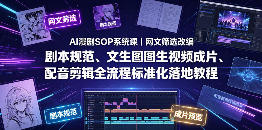007c57b246e493bbf346ea185db43222.jpeg AI漫剧SOP系统课|网文筛选改编、剧本规范、文生图图生视频成片、配音剪辑全流程标准化落地教程(更新)