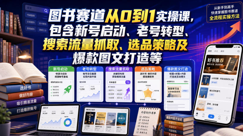 图书赛道从0到1实操课,包含新号启动、老号转型、搜索流量抓取、选品策略及爆款图文打造等-鼎铸网