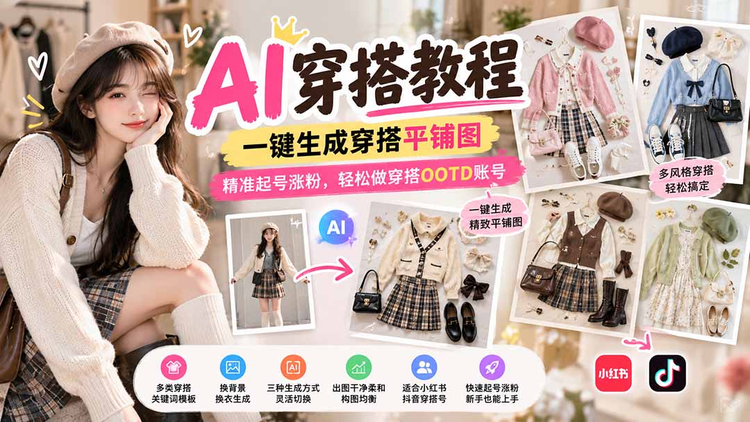 【无水印】AI穿搭教程｜一键生成穿搭平铺图，精准起号涨粉，轻松做穿搭OOTD账号-鼎铸网