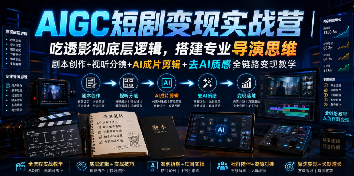AIGC短剧变现实战营｜吃透影视底层逻辑，搭建专业导演思维，剧本创作+视听分镜+AI成片剪辑+去AI质感全链路变现教学-鼎铸网