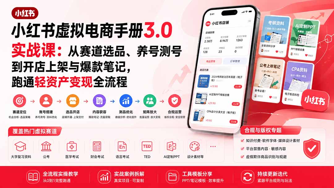 012a20a806042cc7ea97e414d4afc7bc.jpeg 小红书虚拟电商手册3.0实战课:从赛道选品、养号测号到开店上架与爆款笔记,跑通轻资产变现全流程