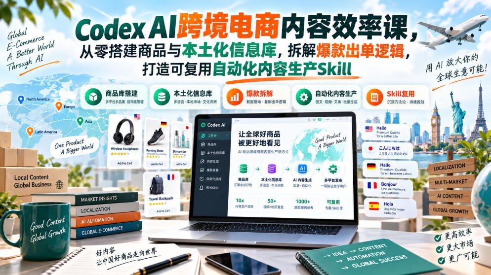 016f7644162171234a32e16a125189fa.jpeg Codex AI跨境电商内容效率课,从零搭建商品与本土化信息库,拆解爆款出单逻辑,打造可复用自动化内容生产Skill