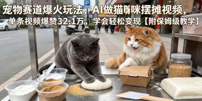 01d0b891f0d97727b3faf1b551106911.jpeg 宠物赛道爆火玩法,AI做猫咪摆摊视频,单条视频爆赞32.1万,学会轻松变现【附保姆级教学】
