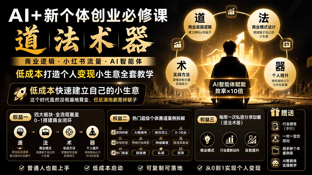 0241f620dfaa38e9cc77065c97bed586.jpeg AI+新个体创业必修课-更新0922|道法术器|商业逻辑·小红书流量·AI智能体|低成本打造个人变现小生意全套教学