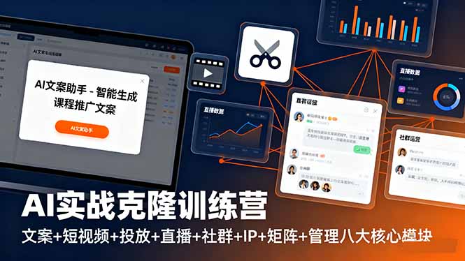 02468f5a23da278f6bc55af2a0029b21.jpeg AI实战克隆训练营:文案+短视频+投放+直播+社群+IP+矩阵+管理八大核心模块