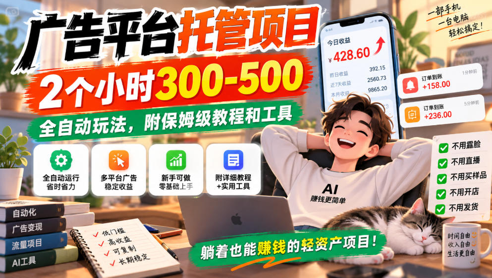 广告平台托管项目，2个小时300-500，全自动玩法，附保姆级教程和工具，小白照着就能做【揭秘】-鼎铸网