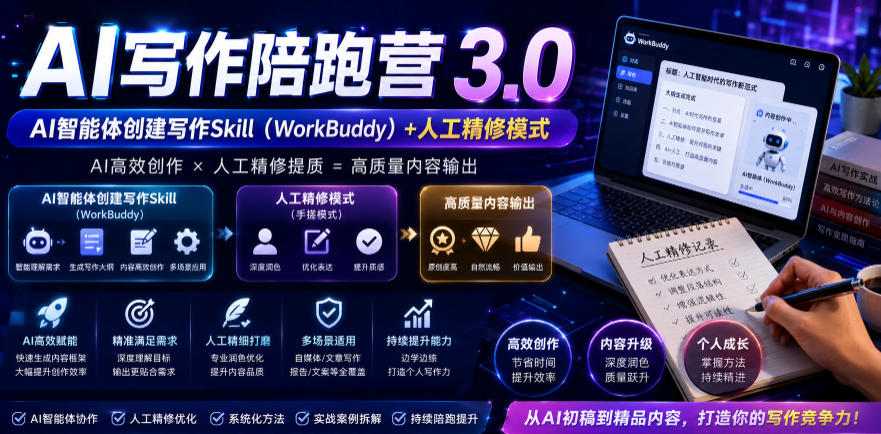 AI写作陪跑营3.0，Ai智能体创建写作skill(workbuddy)+人工手写模式(手搓模式)，去除AI痕迹(头条号、公众号、百家号)(更新0814)-鼎铸网
