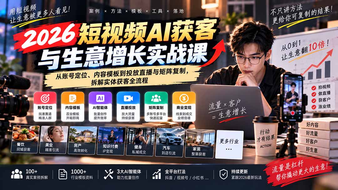 03546516930b82a1fca1fa4b5f8406b7.jpeg 2026短视频AI获客与生意增长实战课:从账号定位、内容模板到投放直播与矩阵复制,拆解实体获客全流程