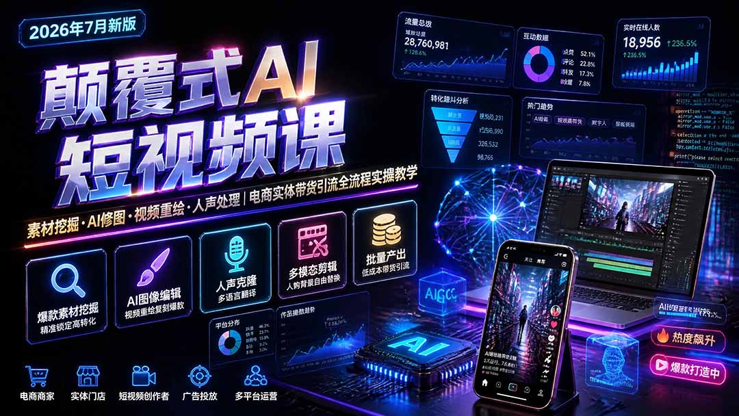 颠覆式AI短视频课|素材挖掘,AI修图,视频重绘,人声处理|电商实体带货引流全流程实操教学-鼎铸网