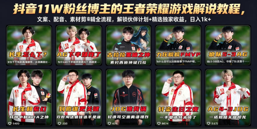 抖音11W粉丝博主的王者荣耀游戏解说教程,文案、配音、素材剪辑全流程,解锁伙伴计划+精选独家收益,日入1k+-鼎铸网