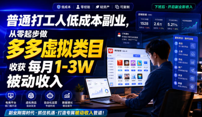 03e1282743dc435be62772f1f3f0dfe3.jpeg 普通打工人低成本副业,从零起步做多多虚拟类目,收获每月1-3W被动收入【揭秘】