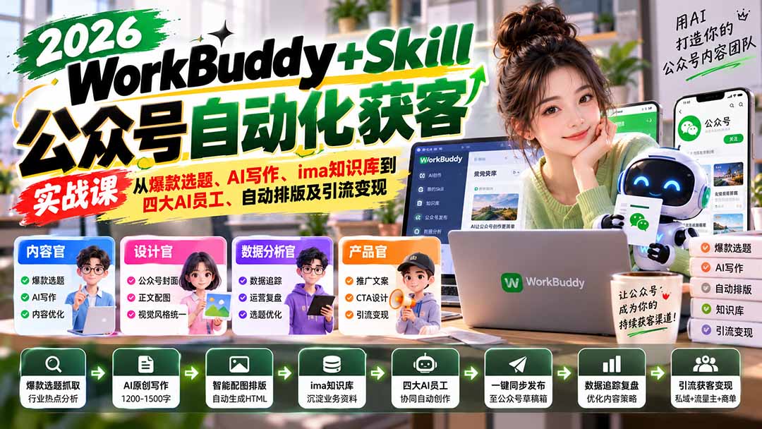 WorkBuddy + Skill公众号自动化获客实战课:从爆款选题、AI写作、ima知识库到四大AI员工、自动排版及引流变现-鼎铸网