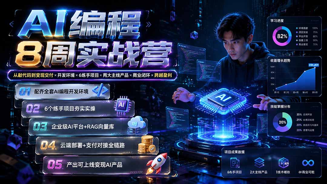 AI编程8周实战营:从敲代码到变现交付×开发环境×6练手项目×两大主线产品×商业闭环×跨越盈利-鼎铸网