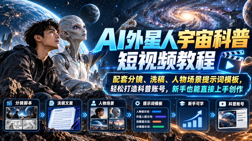 AI外星人宇宙科普短视频教程，配套分镜、洗稿、人物场景提示词模板，轻松打造科普账号，新手也能直接上手创作-鼎铸网