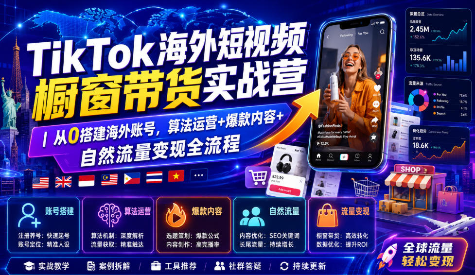 057f9241b43ea641e27f72924ce7dd15.jpeg TikTok海外短视频橱窗带货实战营|从0搭建海外账号,算法运营+爆款内容+自然流量变现全流程