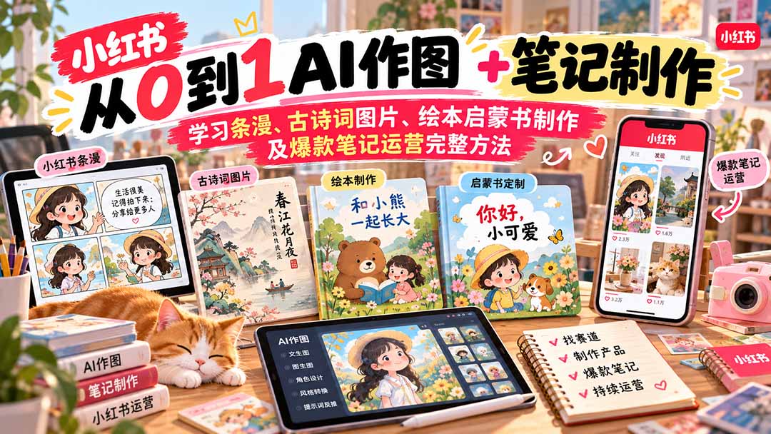 05d3364601cc2c58262a6349232f2057.jpeg 2026小红书AI内容创作从0到1-更新1009:学习条漫、古诗词图片、绘本启蒙书制作及爆款笔记运营完整方法