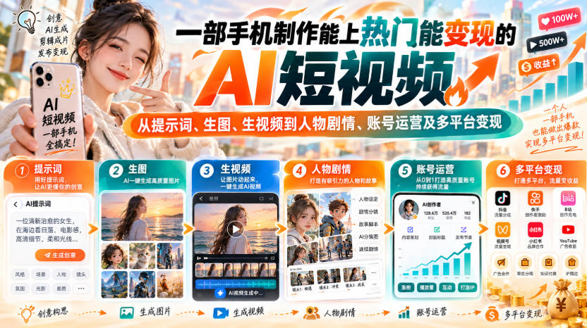 05f707c949bdebeda42908f1b68b1f6e.jpeg 【无水印】一部手机制作能上热门能变现的AI短视频,从提示词、生图、生视频到人物剧情、账号运营及多平台变现
