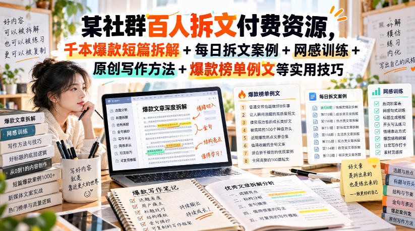 062b0d0717f4fd239befd68c6b55d7a6.jpeg (无水印)某社群百人拆文付费资源,千本爆款短篇拆解+每日拆文案例+网感训练+原创写作方法+爆款榜单例文等实用技巧(更新1009)