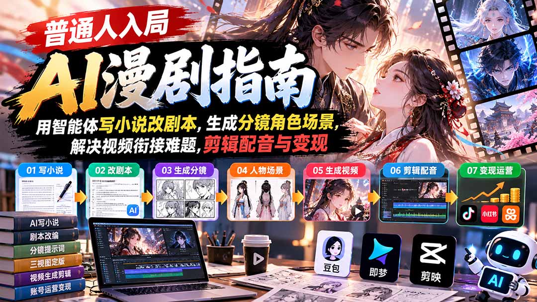 0639fbb54d66ea77b66d3f6791adc9b6.jpeg 【无水印】普通人入局AI漫剧指南:用智能体写小说改剧本,生成分镜角色场景,解决视频衔接难题,剪辑配音与变现