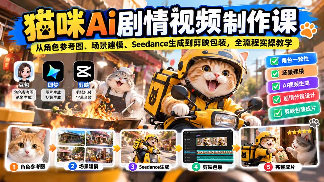 猫咪AI剧情视频制作课:从角色参考图、场景建模、Seedance生成到剪映包装,全流程实操教学-鼎铸网