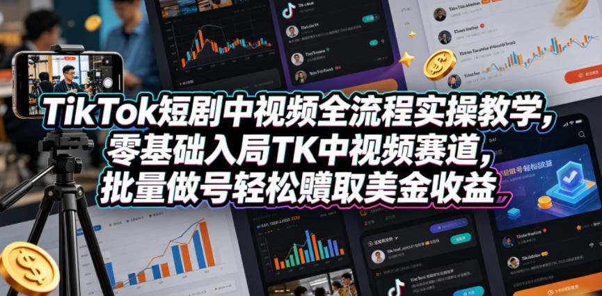 TikTok短剧中视频全流程实操教学，零基础入局TK中视频赛道，批量做号轻松賺取美金收益-鼎铸网