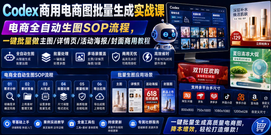 Codex商用电商图批量生成实战课｜电商全自动生图SOP流程，一键批量做主图/详情页/活动海报/封面商用教程-鼎铸网