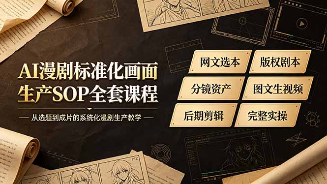 075a7f5a8ae98692bac91e000b7549ff.jpeg AI漫剧标准化画面生产SOP全套课程-更新,网文选本版权剧本分镜资产全覆盖,图文生视频后期剪辑完整实操教学