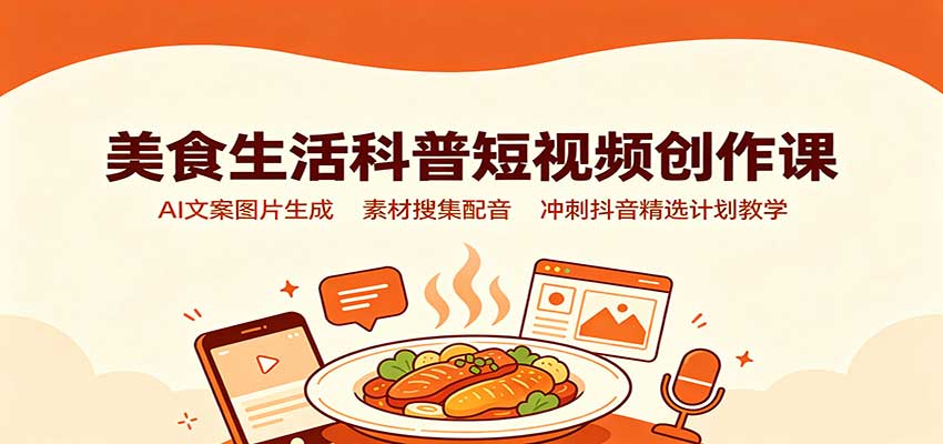 美食生活科普短视频创作课：AI文案图片生成，素材搜集配音，冲刺抖音精选计划教学-鼎铸网