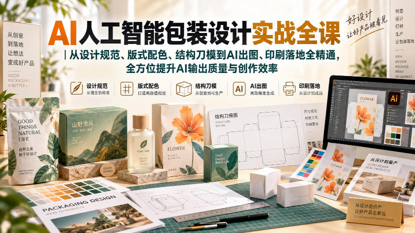 07c187b3fadf8ea2a3ecb62db07b2494.jpeg AI人工智能包装设计实战全课|从设计规范、版式配色、结构刀模到AI出图、印刷落地全精通