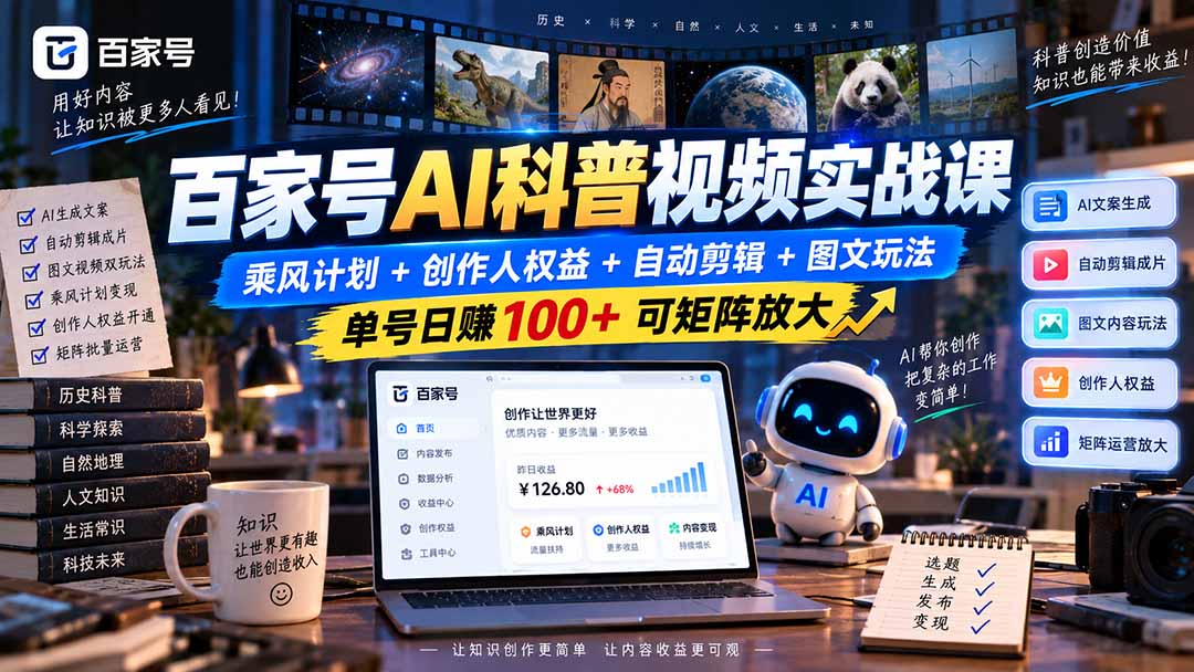 百家号AI科普视频实战课：乘风计划+创作人权益+自动剪辑+图文玩法，单号日赚100+可矩阵放大-鼎铸网