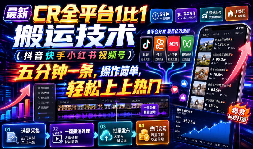 0977237231ae05bae5e583c709155276.jpeg 最新CR全平台1比1搬运技术(抖音快手小红书视频号)五分钟分钟一条,操作简单,轻松上热门(教程+软件+参数)