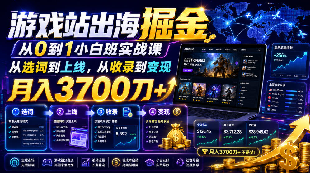 游戏站出海掘金从0到1小白实战课,从选词到上线,从收录到变现,月入3700刀+-鼎铸网