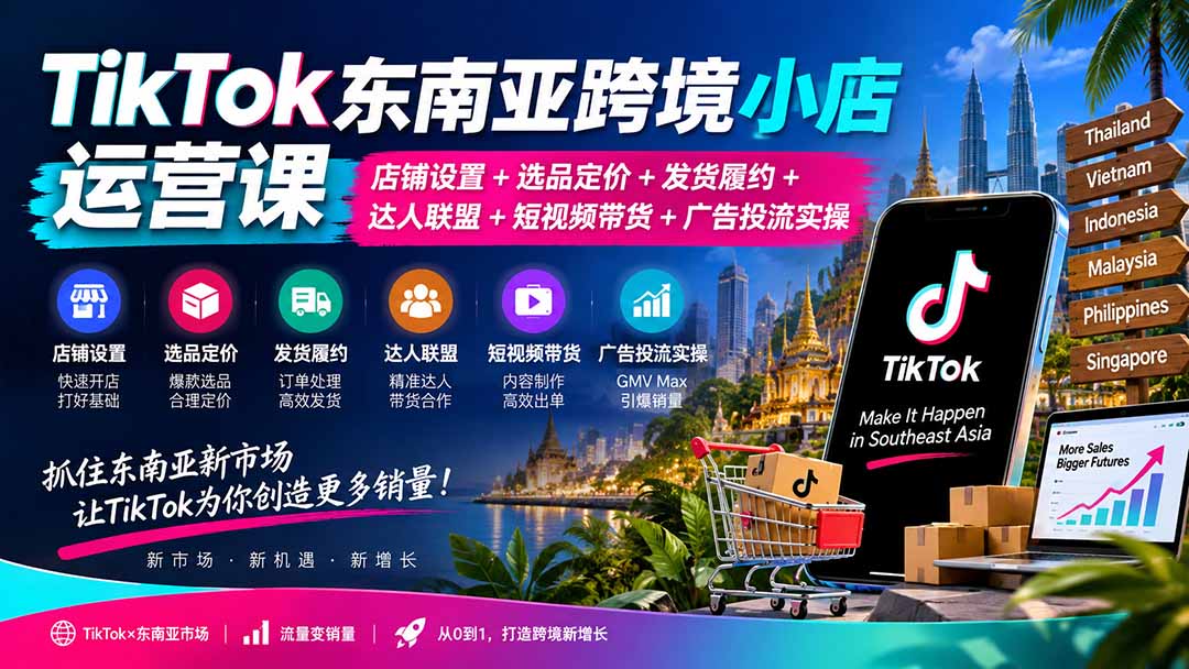09eda8ec8064ecd18938e17c46828843.jpeg TikTok东南亚跨境小店运营课:店铺设置+选品定价+发货履约+达人联盟+短视频带货+广告投流实操