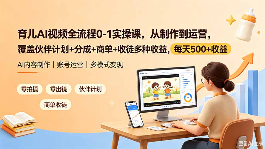 育儿AI视频全流程0-1实操课，从制作到运营，覆盖伙伴计划+分成+商单+收徒多种收益，每天500+收益-鼎铸网